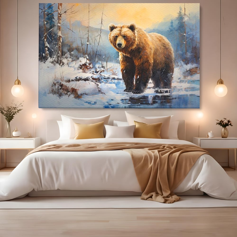 Tablou canvas cu tablou canvas cu urs brun in zapada, fara rama, pe sasiu de lemn, pe perete intr-un dormitor